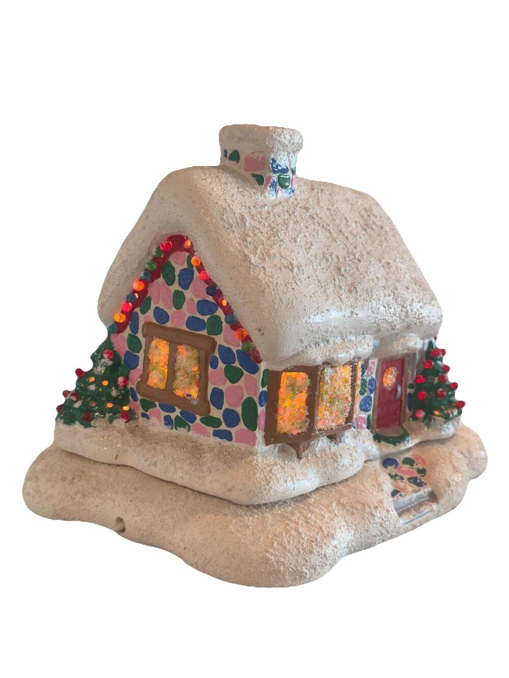 10" Vintage Handmade Ceramic Christmas Snow Light Up Village House Cabin Lamp